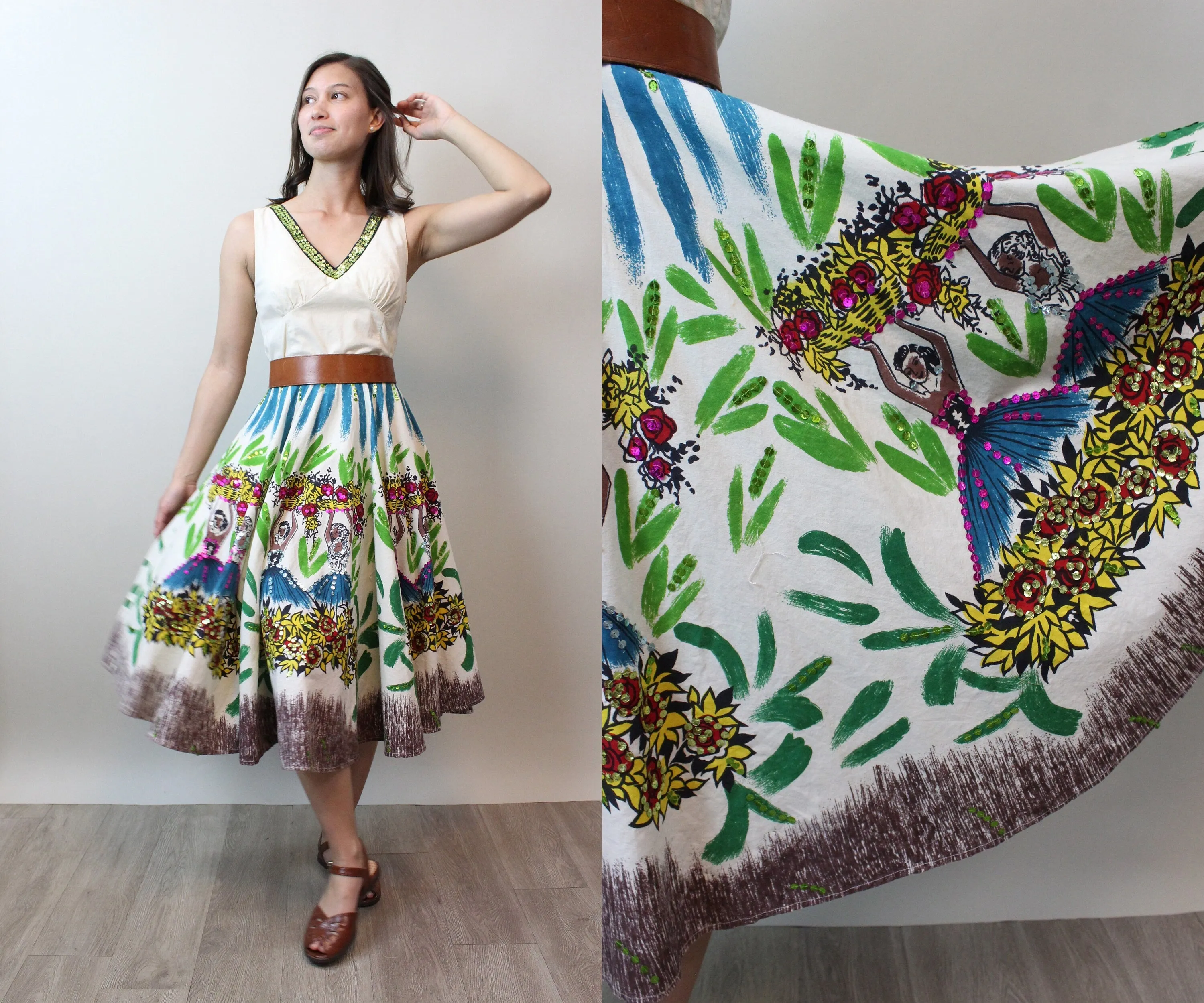 1990s does 1950s WOMEN with BASKETS cotton dress xs | new spring