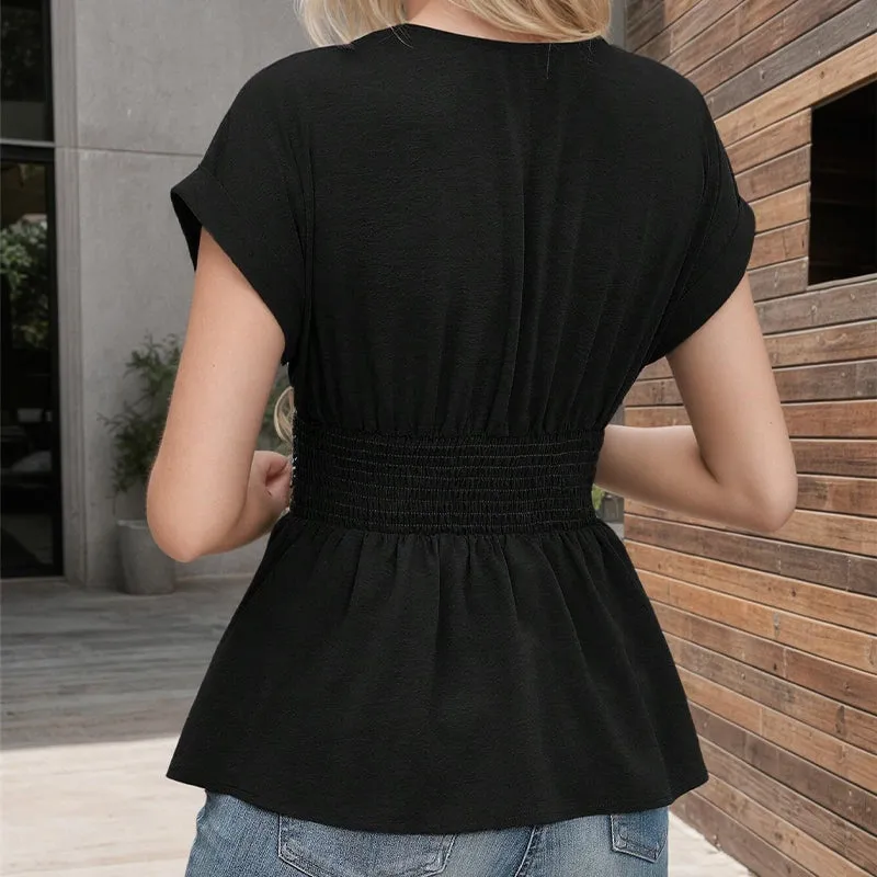 🔥2025 Summer New-🩷Women's V-neck Waist-slimming Solid Color Plunging Sleeve Skirt Pleated T-Shirt