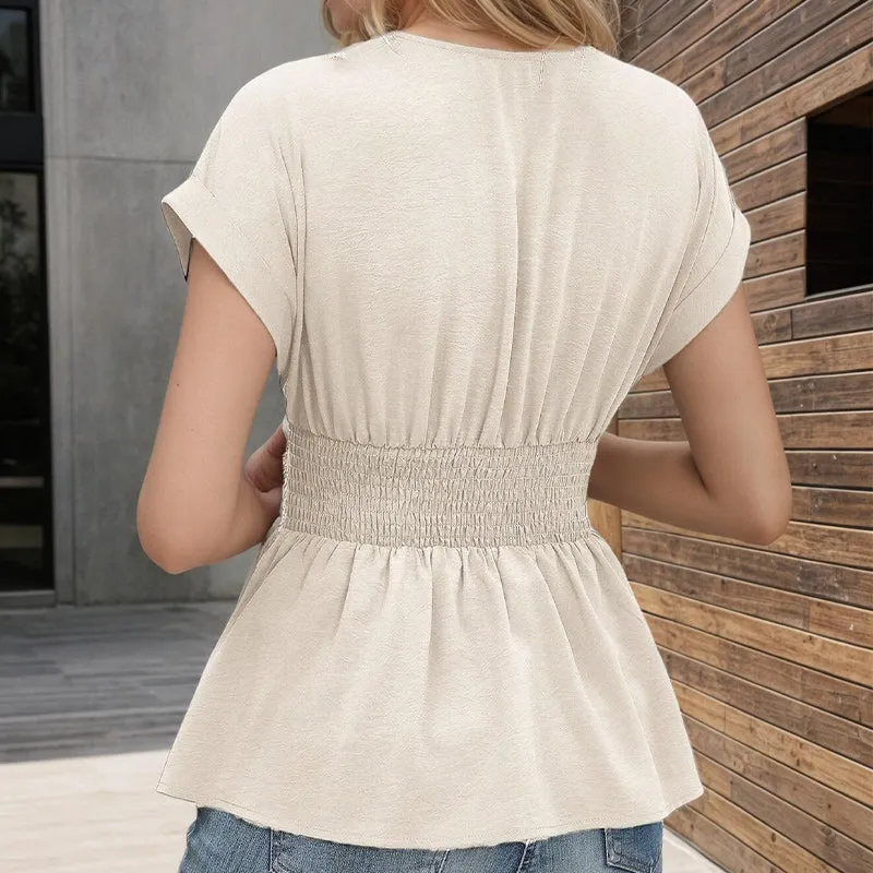 🔥2025 Summer New-🩷Women's V-neck Waist-slimming Solid Color Plunging Sleeve Skirt Pleated T-Shirt