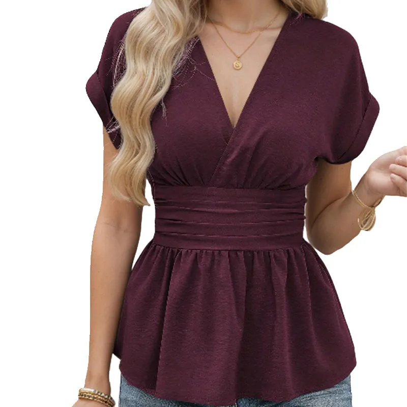 🔥2025 Summer New-🩷Women's V-neck Waist-slimming Solid Color Plunging Sleeve Skirt Pleated T-Shirt