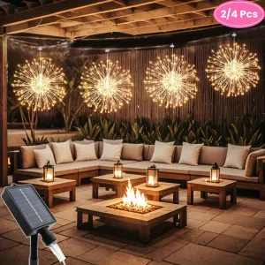 2/4 Pcs Hanging Solar Powered Outdoor Firework Lights, 240/480 LED Sparkling Starburst Sphere Lights, Warm White/Multicolor/White, 8 Modes Copper Wire Fairy Lights For Patio, Umbrella, Eave, Garden, Tree, Tent, Christmas Decoration