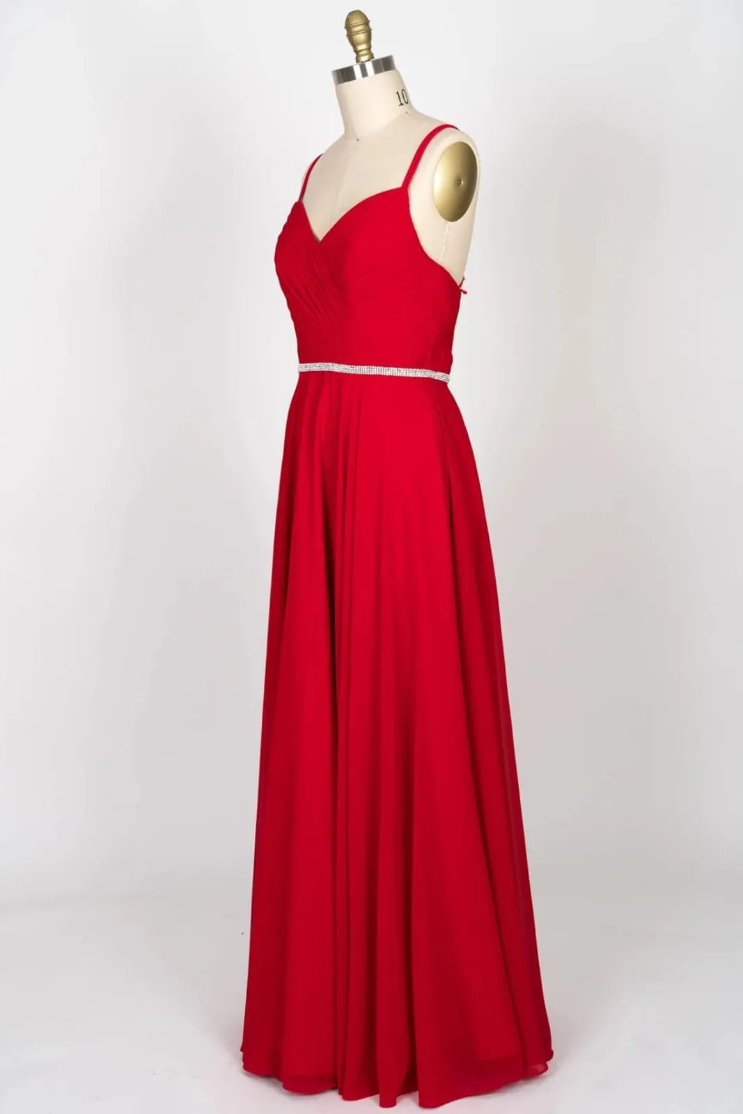 A-line Sweetheart Strap Beaded Red Chiffon Long Bridesmaid Dress