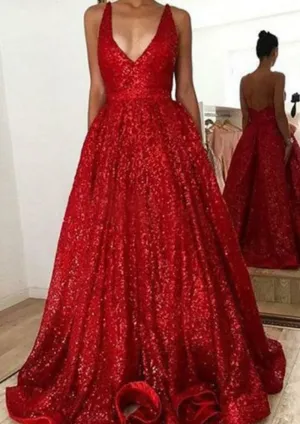 A-line/Princess V Neck Sleeveless Sweep Train Sequined Evening Dress Formal Gown