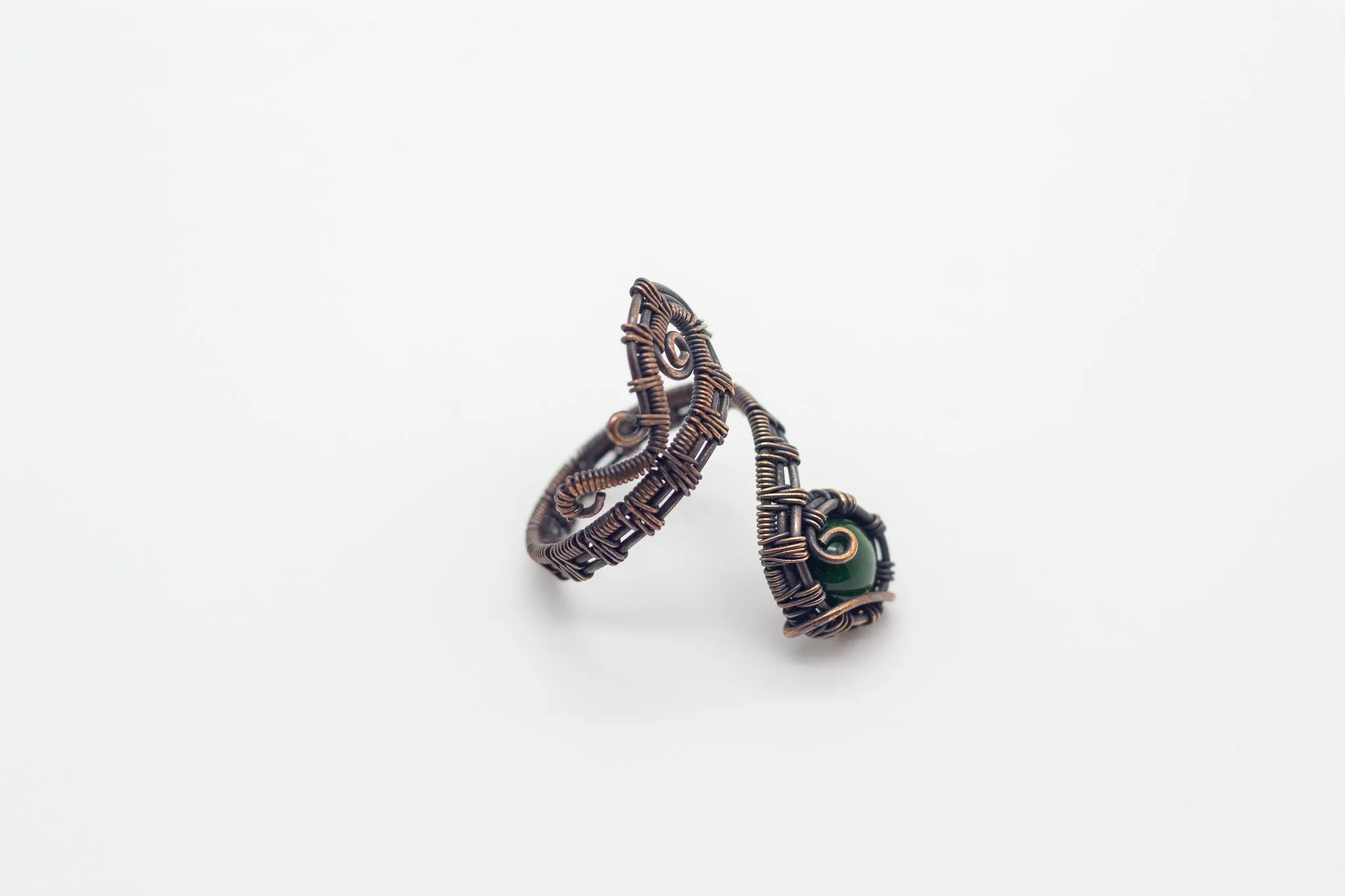 Adjustable Copper Ring with Dark Green Fused Glass Accent