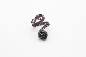Adjustable Copper Ring with Dark Green Fused Glass Accent