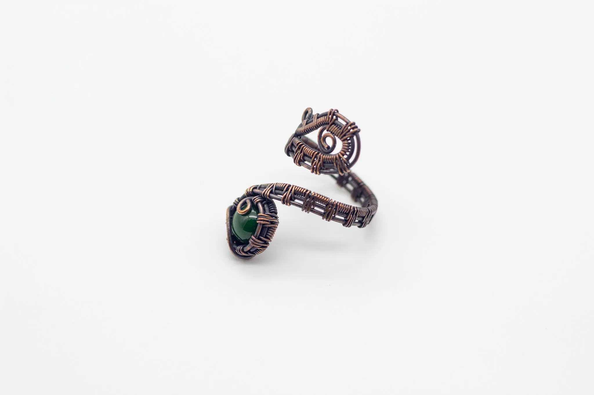 Adjustable Copper Ring with Dark Green Fused Glass Accent