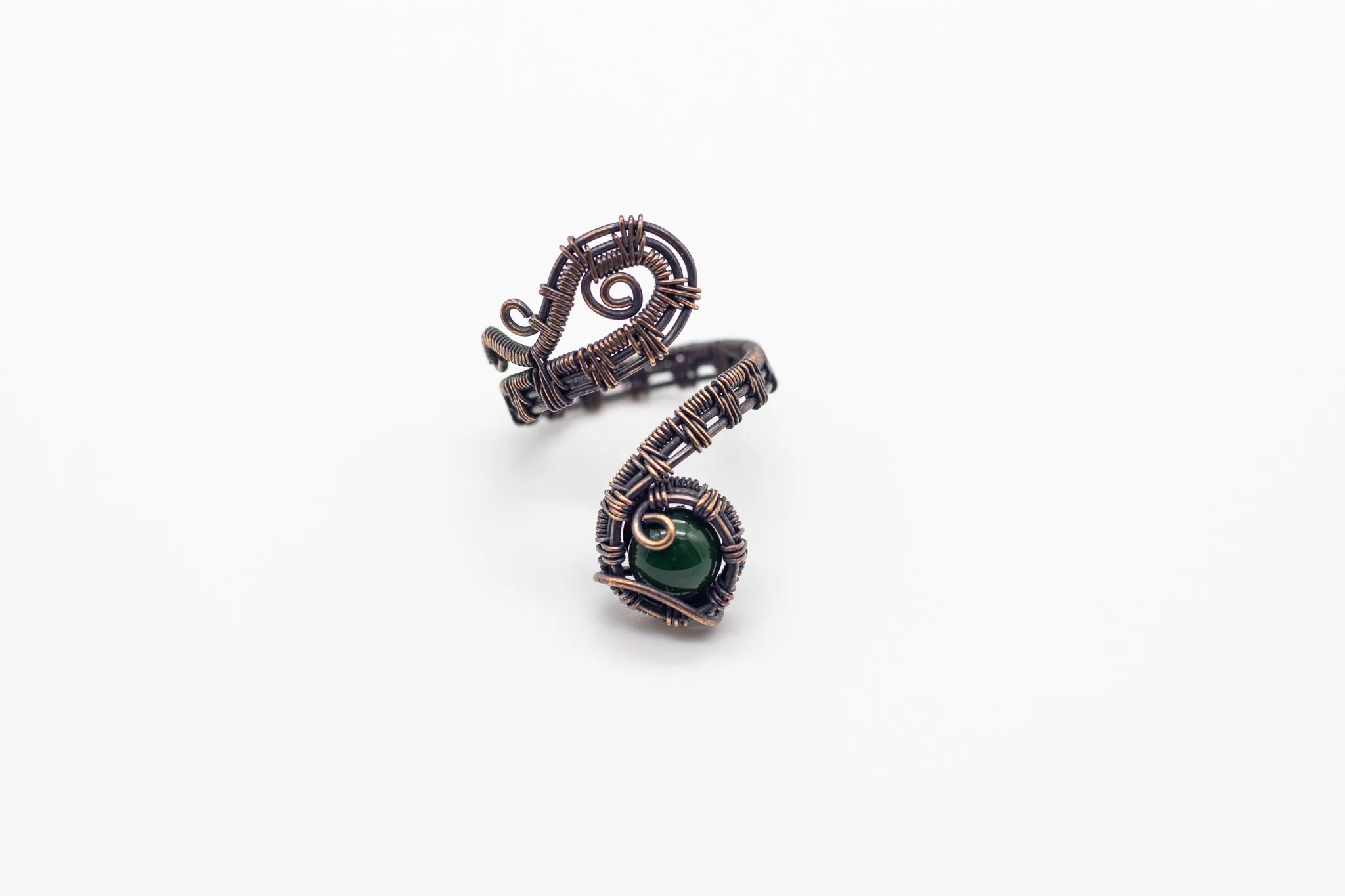 Adjustable Copper Ring with Dark Green Fused Glass Accent