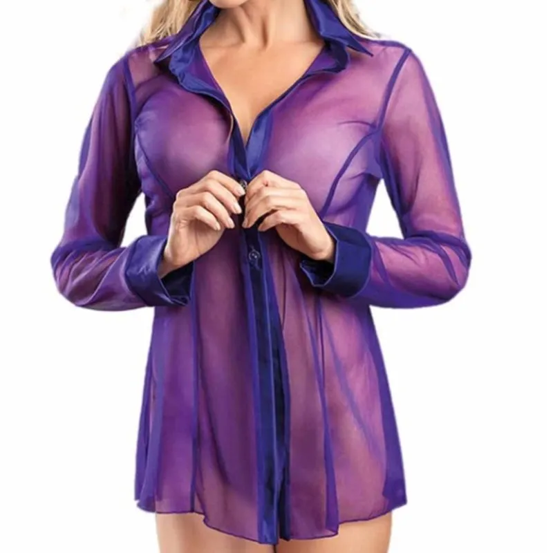 Alexa's Lingerie | Women Button Lingerie Dress | Transparent Long Sleeve Blouse