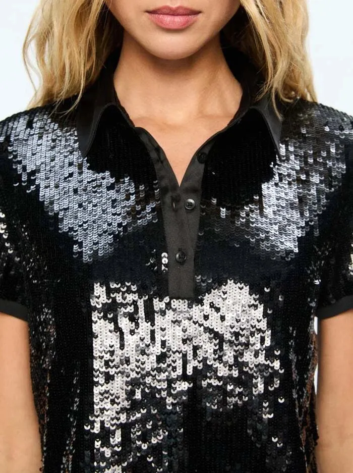 Alice   Olivia Kit Sequin Fitted Polo Shirt in Black