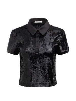 Alice   Olivia Kit Sequin Fitted Polo Shirt in Black