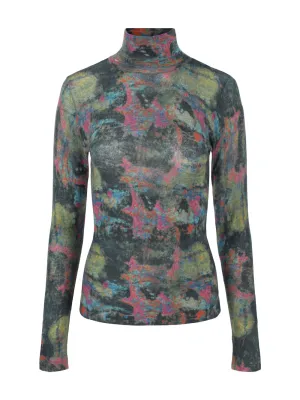 Autumn Cashmere Dark Watercolor Second Skin Sheer Mock in Pickle Combo