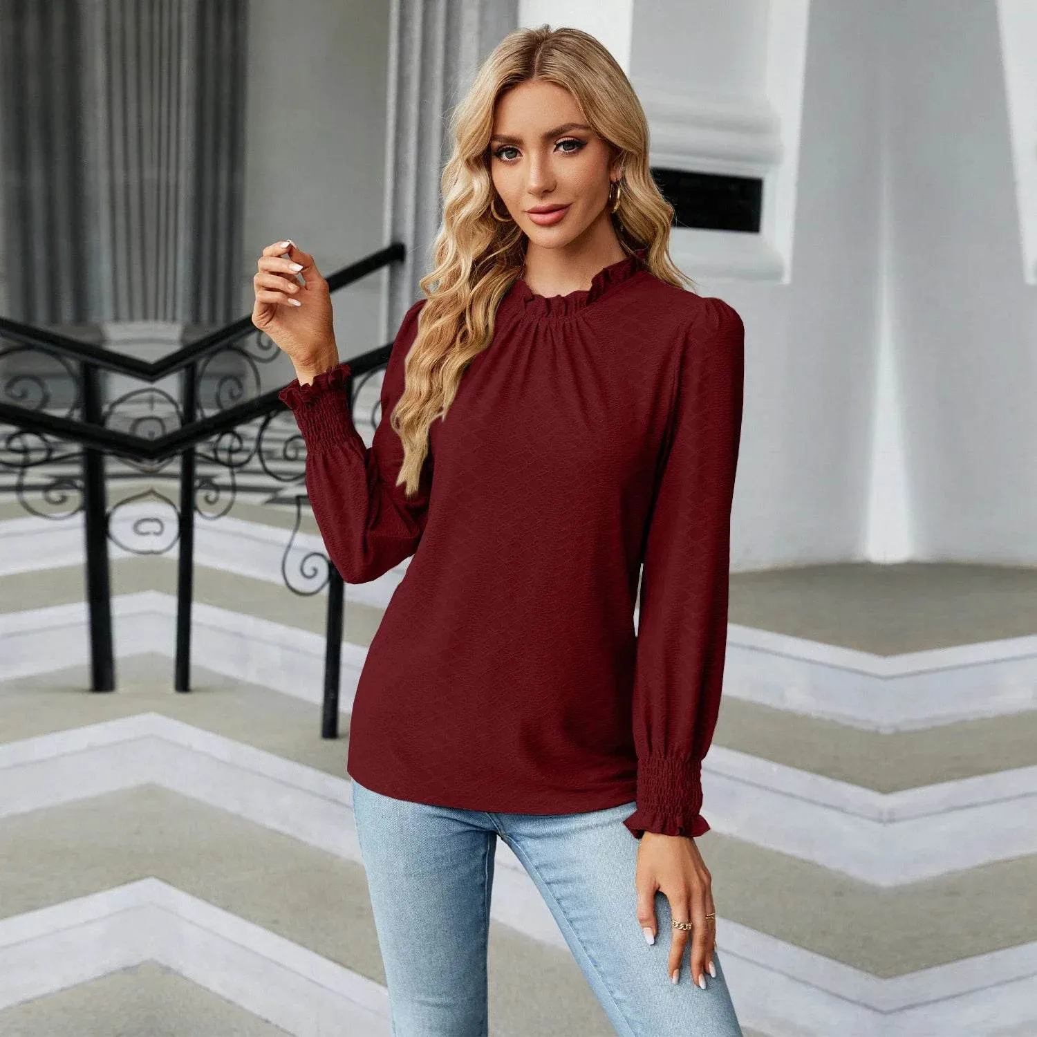 Autumn Stylish Long Sleeve Shirring Female Tops Purple Pink Red Women's Clothing