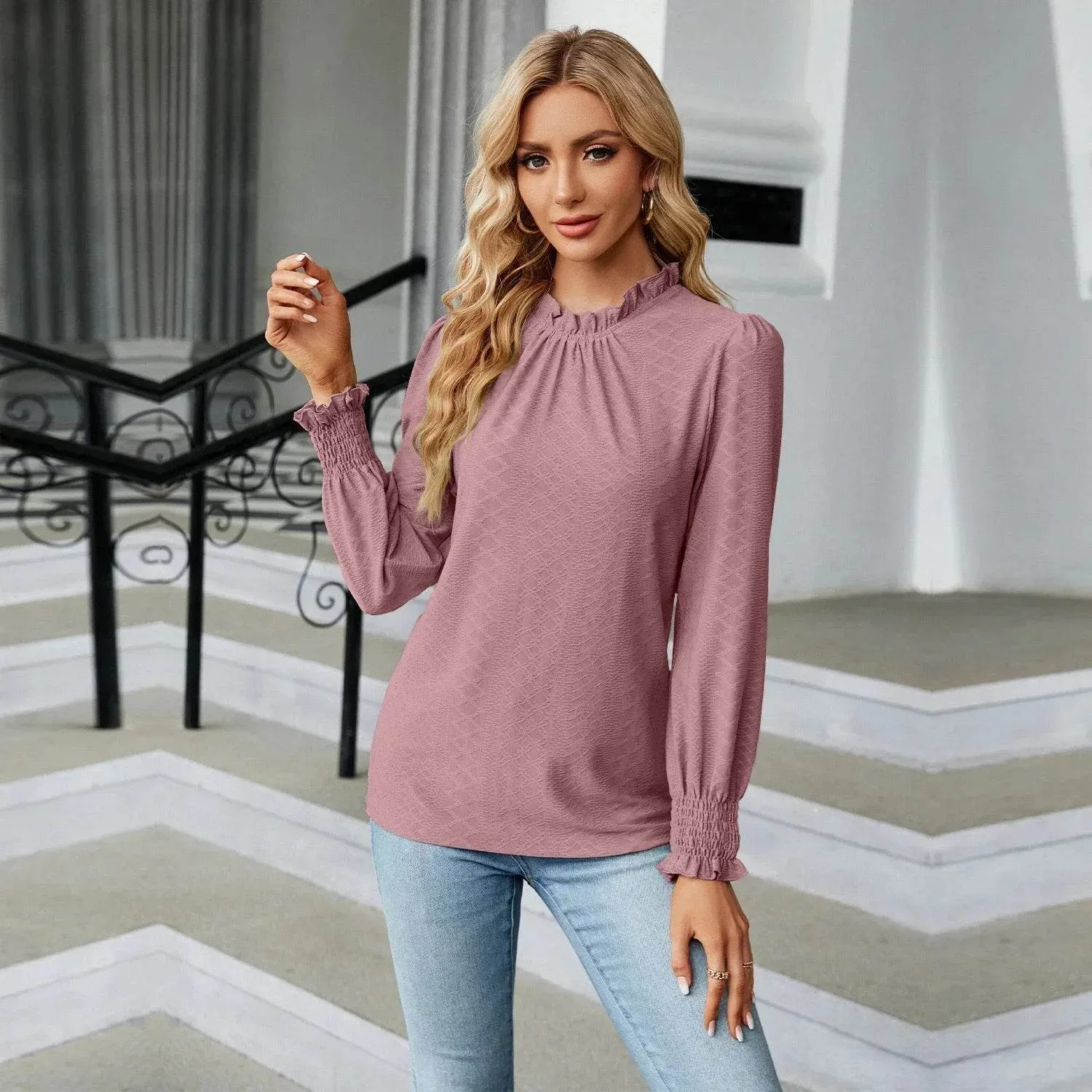 Autumn Stylish Long Sleeve Shirring Female Tops Purple Pink Red Women's Clothing