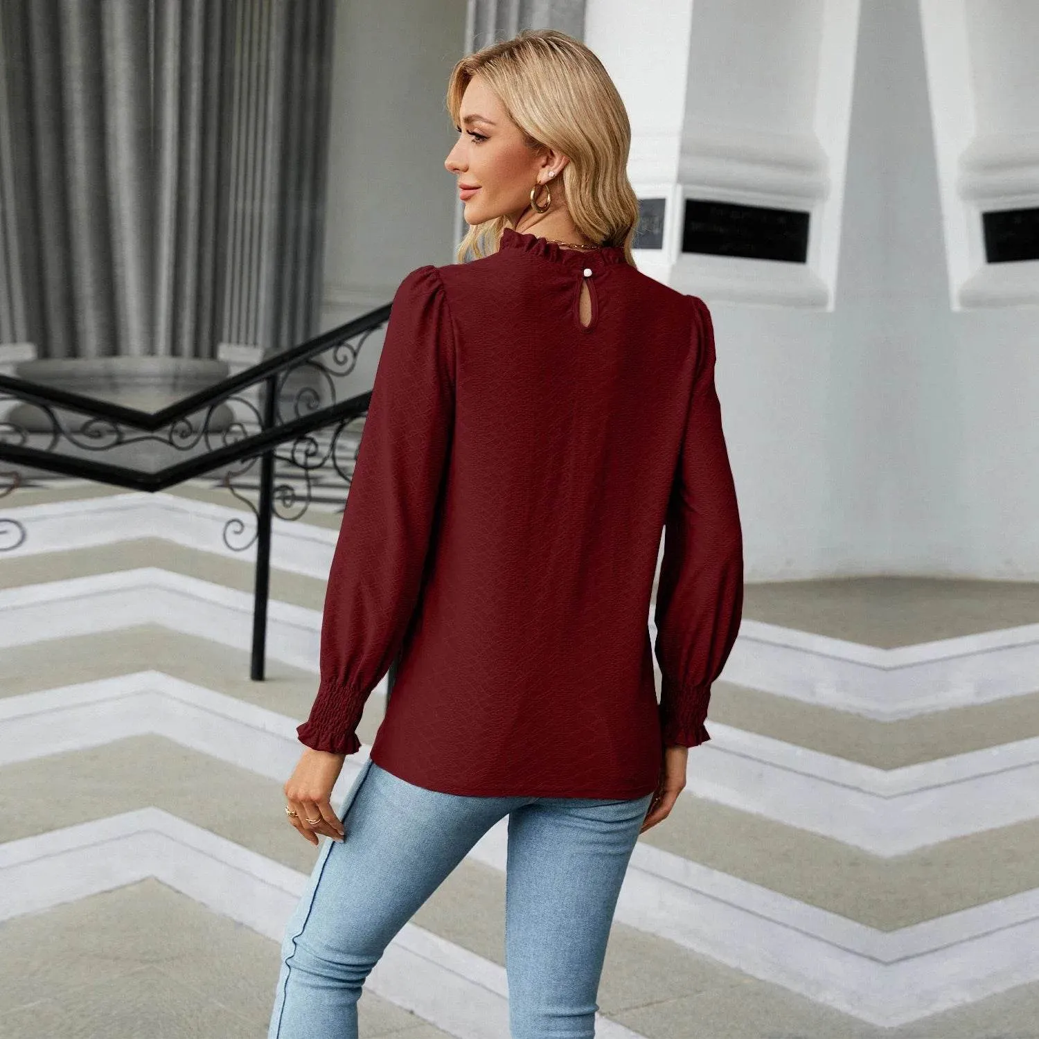 Autumn Stylish Long Sleeve Shirring Female Tops Purple Pink Red Women's Clothing