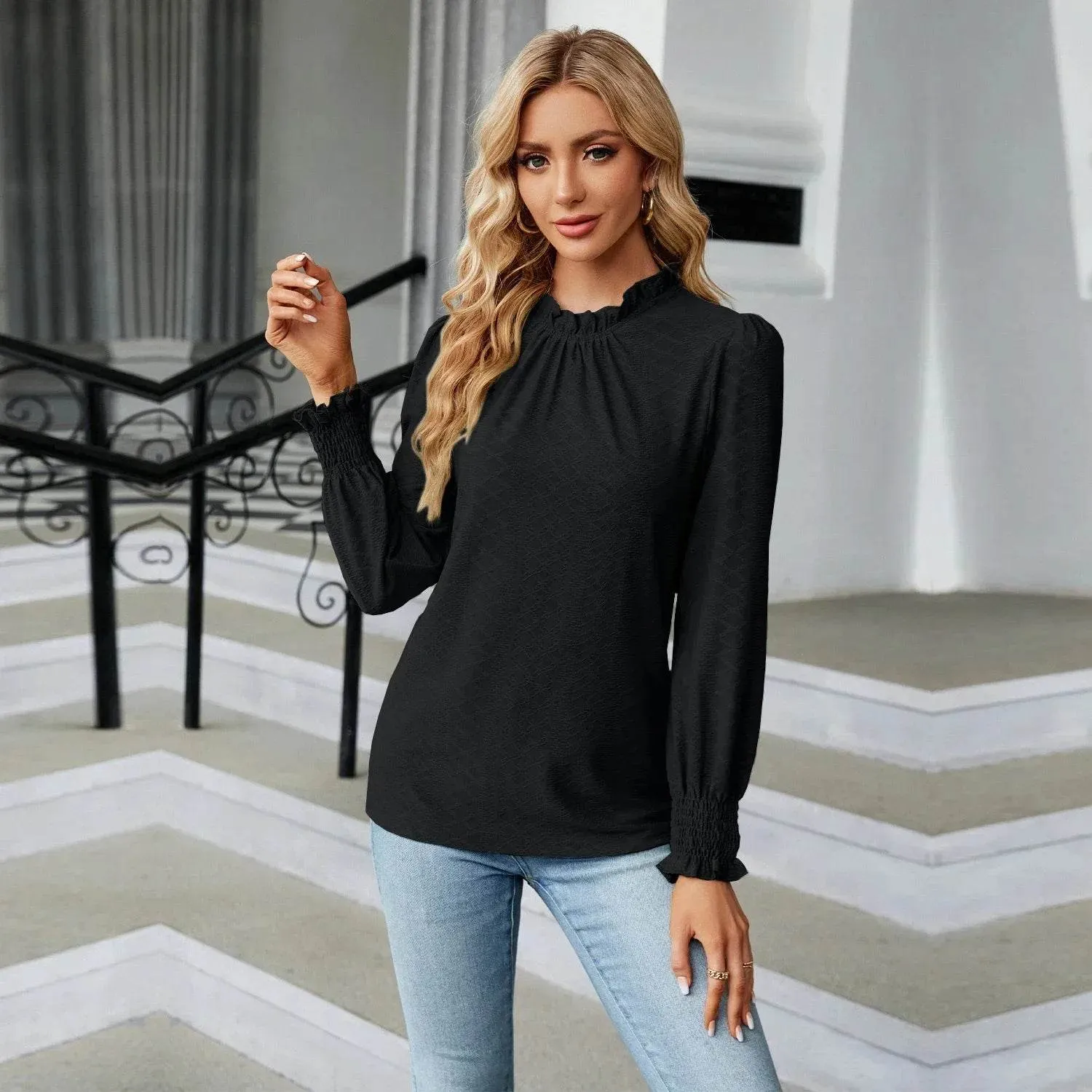 Autumn Stylish Long Sleeve Shirring Female Tops Purple Pink Red Women's Clothing