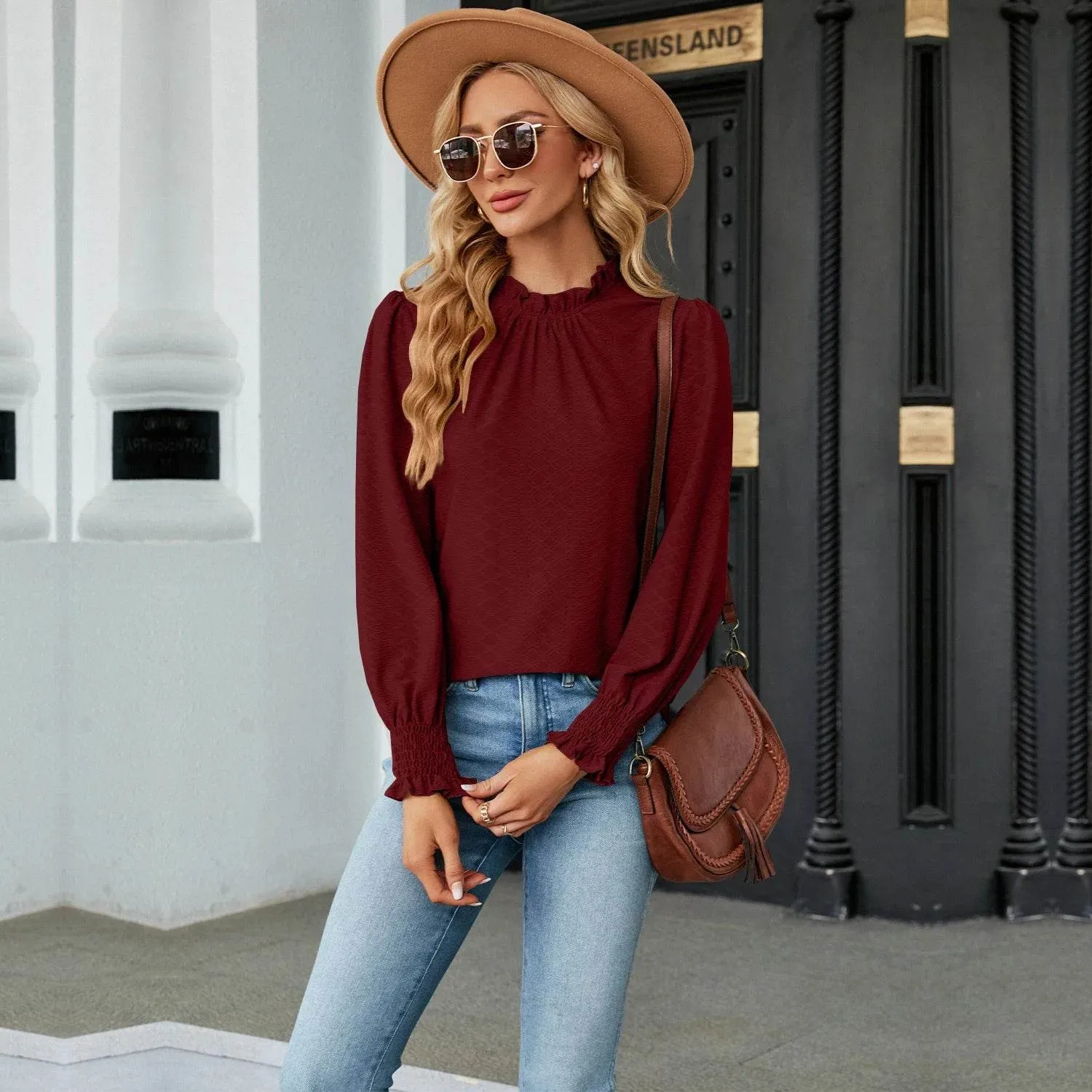 Autumn Stylish Long Sleeve Shirring Female Tops Purple Pink Red Women's Clothing