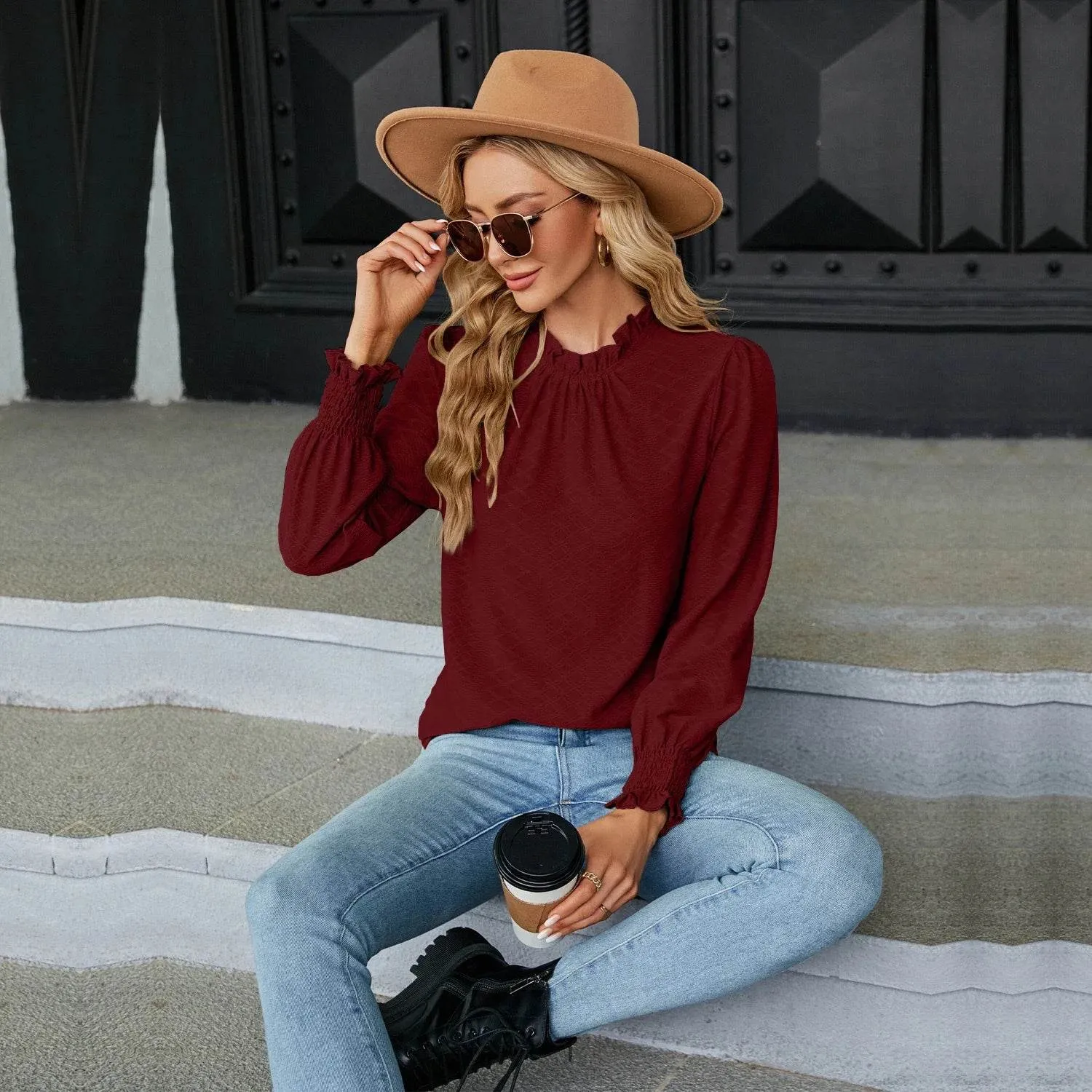 Autumn Stylish Long Sleeve Shirring Female Tops Purple Pink Red Women's Clothing