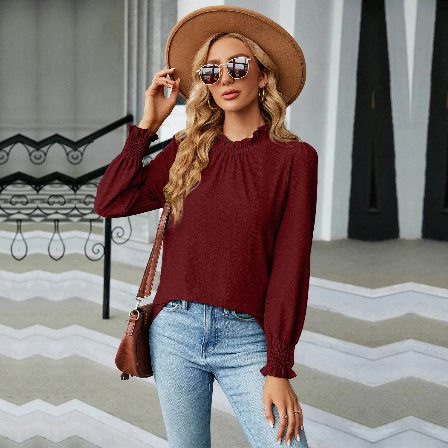 Autumn Stylish Long Sleeve Shirring Female Tops Purple Pink Red Women's Clothing
