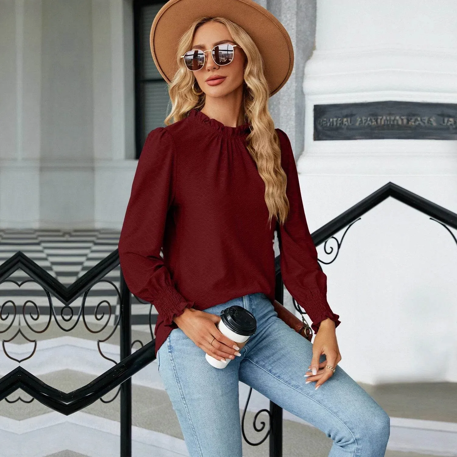 Autumn Stylish Long Sleeve Shirring Female Tops Purple Pink Red Women's Clothing