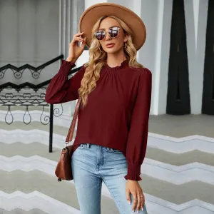 Autumn Stylish Long Sleeve Shirring Female Tops Purple Pink Red Women's Clothing