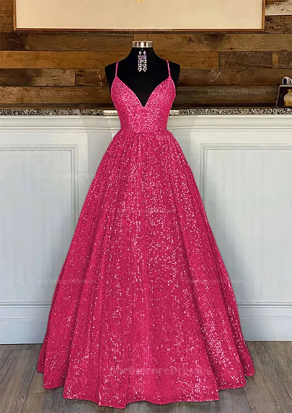 Ball Gown Sleeveless V Neck Long/Floor-Length Sequined Sparkling Prom Dress With Pleated