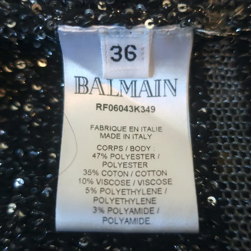 Balmain Sequined Striped Distressed Knit Mini Sweater Dress Black/Silver Size 36