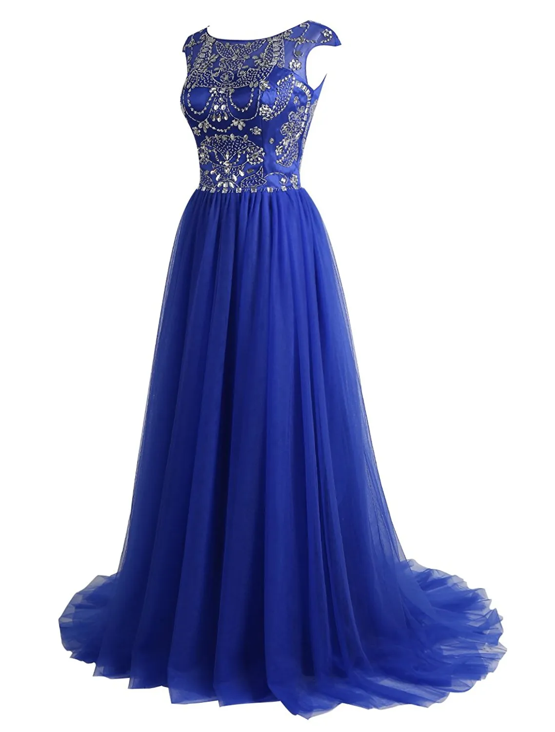 Beaded Tulle Cap Sleeves Prom Dress