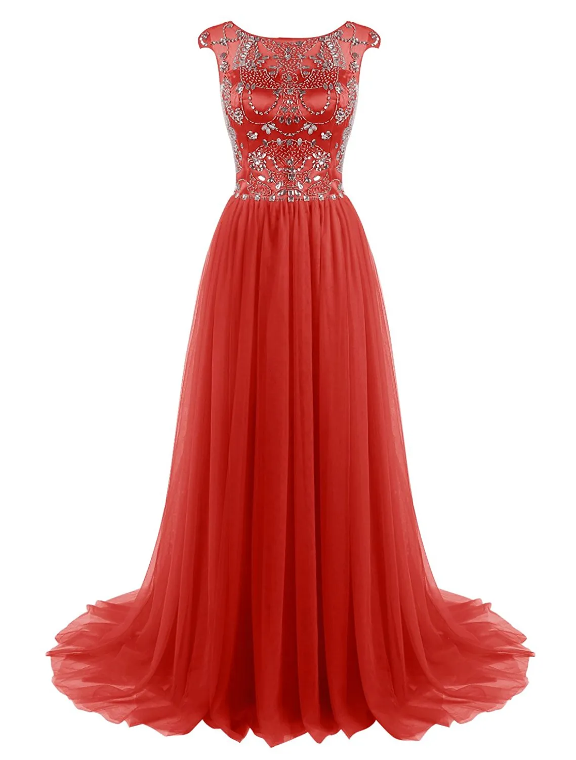 Beaded Tulle Cap Sleeves Prom Dress