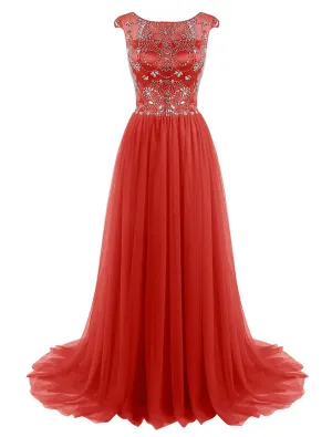 Beaded Tulle Cap Sleeves Prom Dress