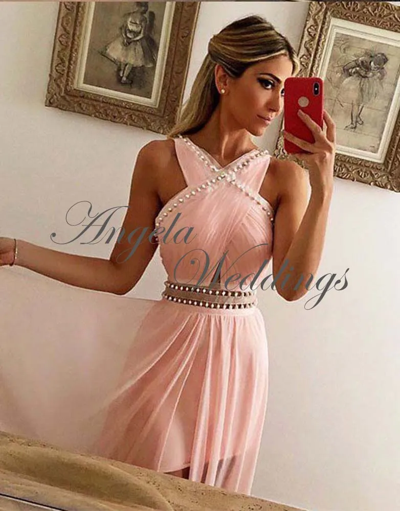 Beautiful Pink Chiffon Prom Dresses Pleated Hi-Lo Party Gowns with Pearls