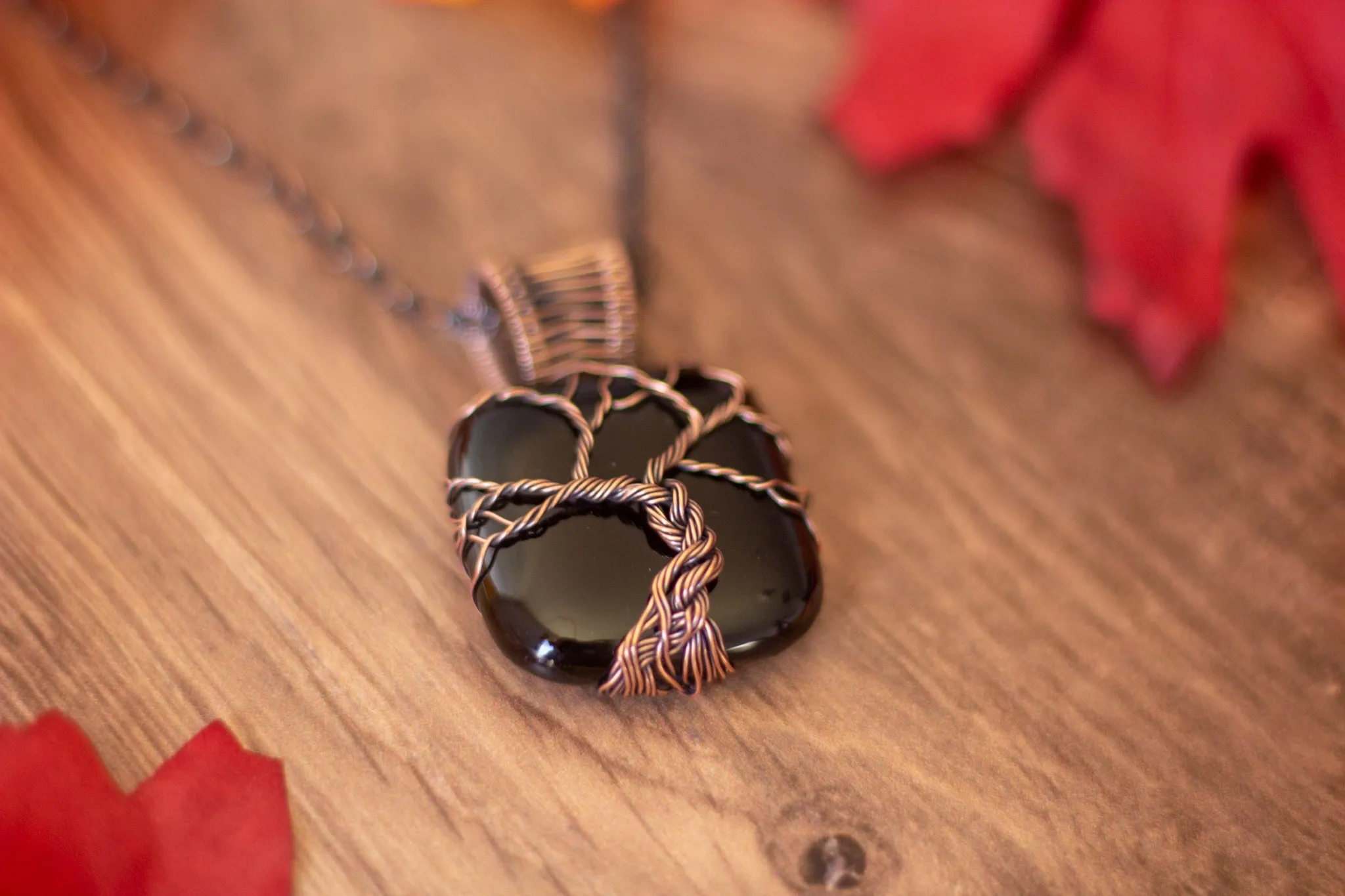Black Fused Glass Pendant with Copper Tree of Life