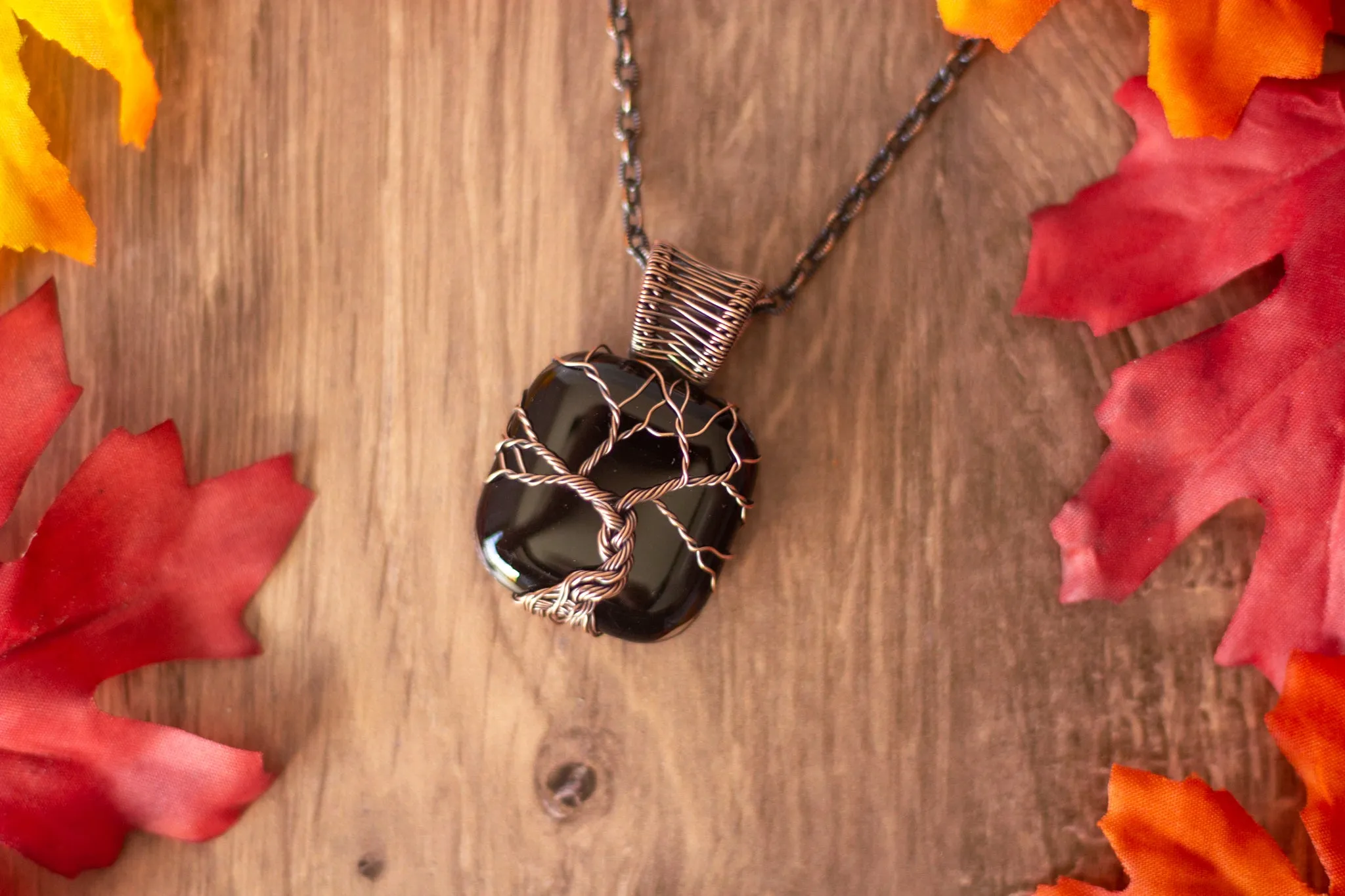 Black Fused Glass Pendant with Copper Tree of Life