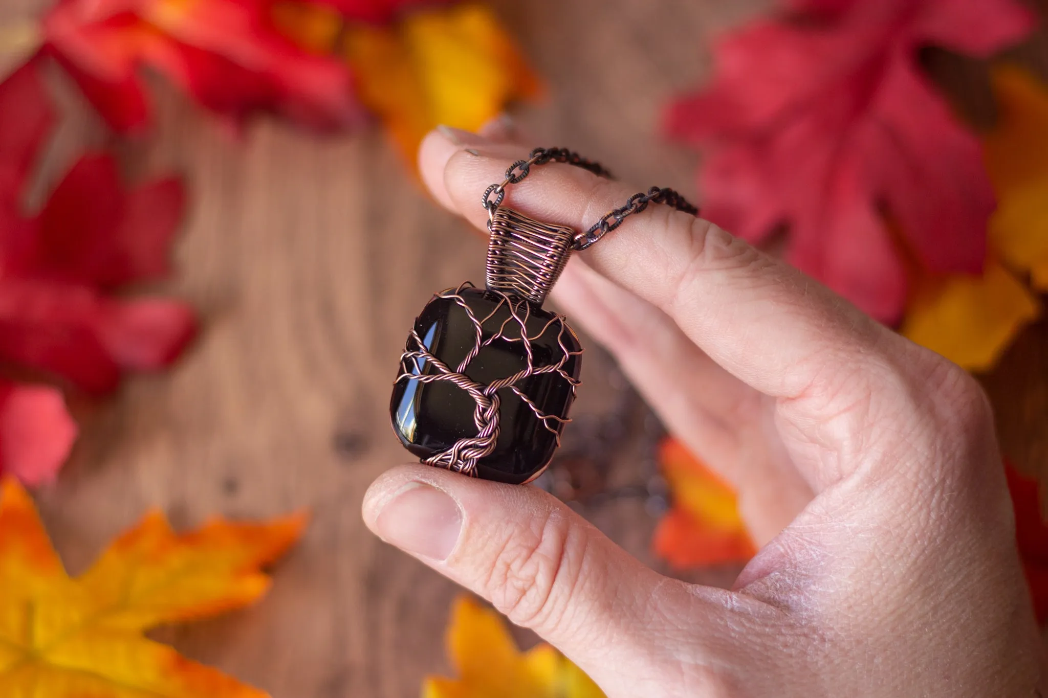 Black Fused Glass Pendant with Copper Tree of Life