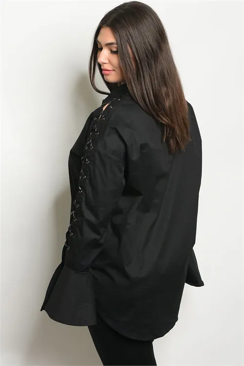 Black Long Laced Bell Sleeve Plus Size Blouse