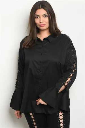 Black Long Laced Bell Sleeve Plus Size Blouse