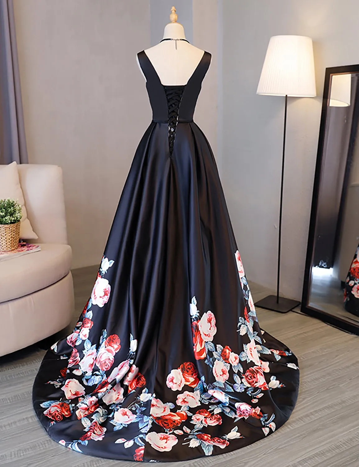 Black Satin Boat Neck Print Prom Dress