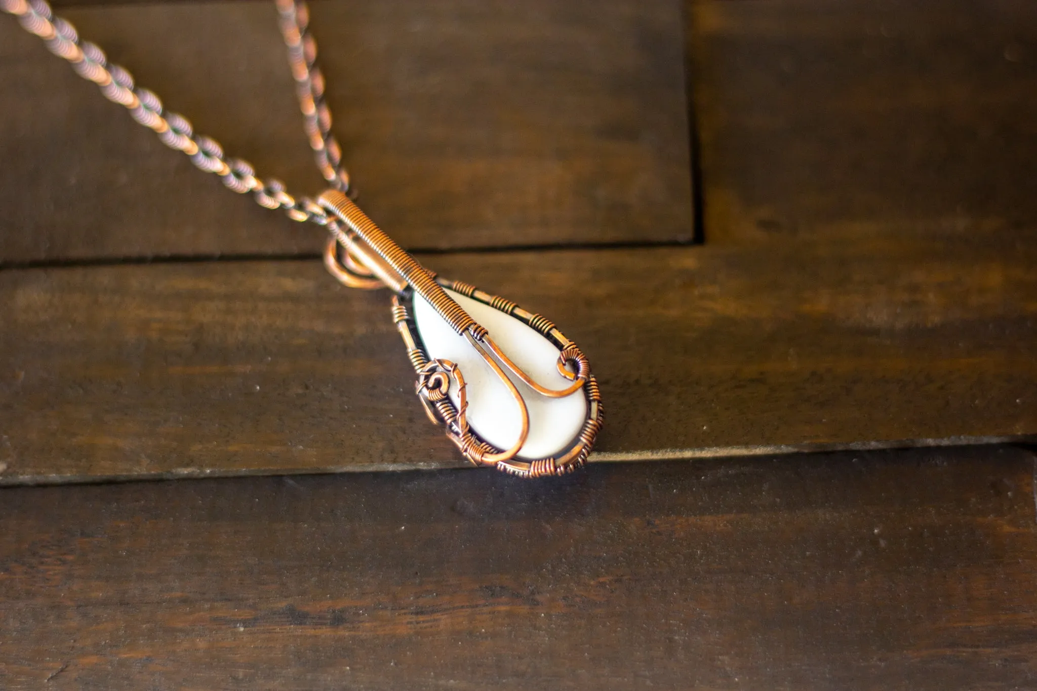 Blue and Orange Fused Glass and Copper Wire Teardrop Pendant