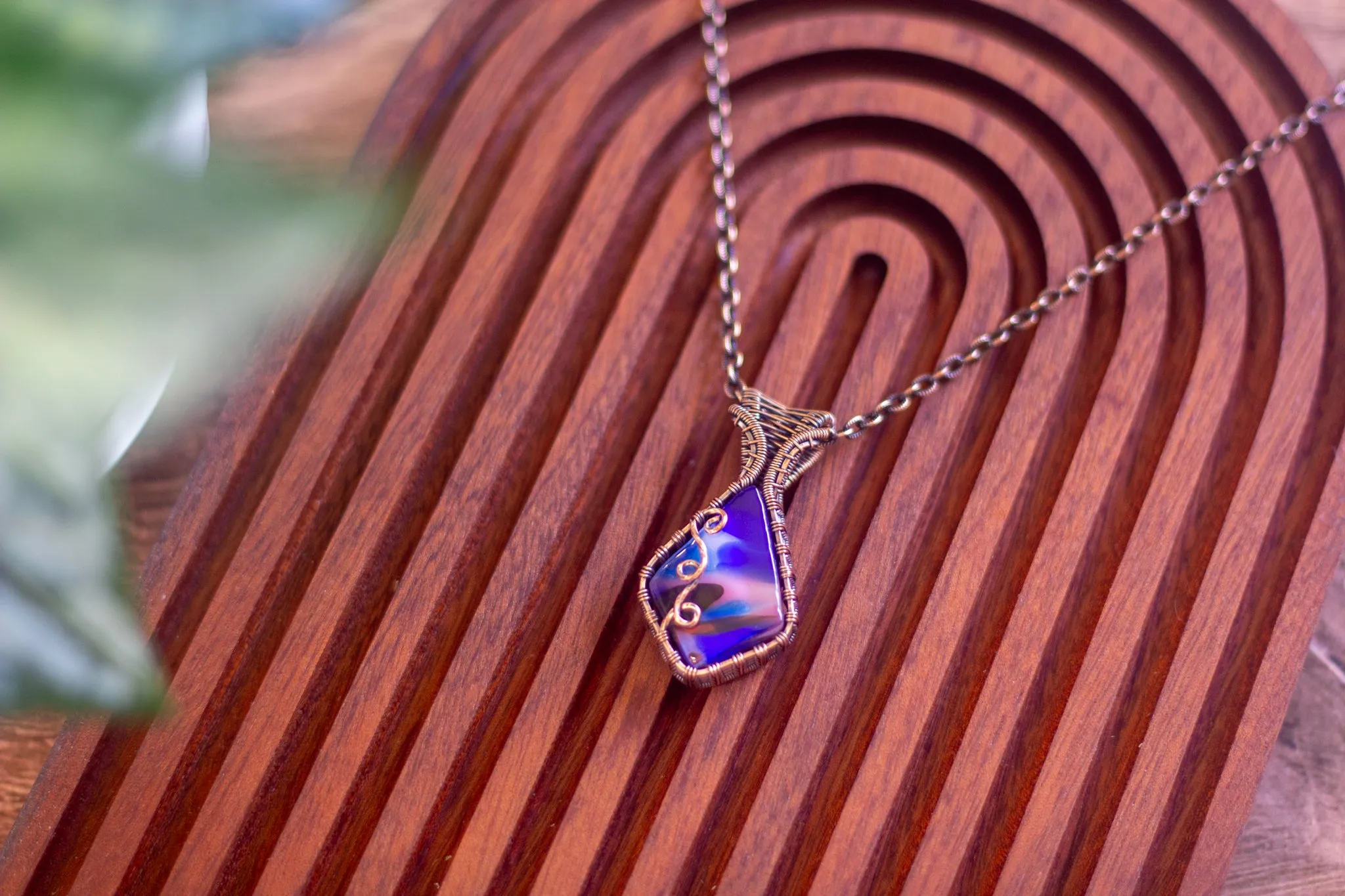 Blue and Pink Fused Glass and Copper Wire Teardrop Pendant