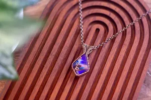 Blue and Pink Fused Glass and Copper Wire Teardrop Pendant