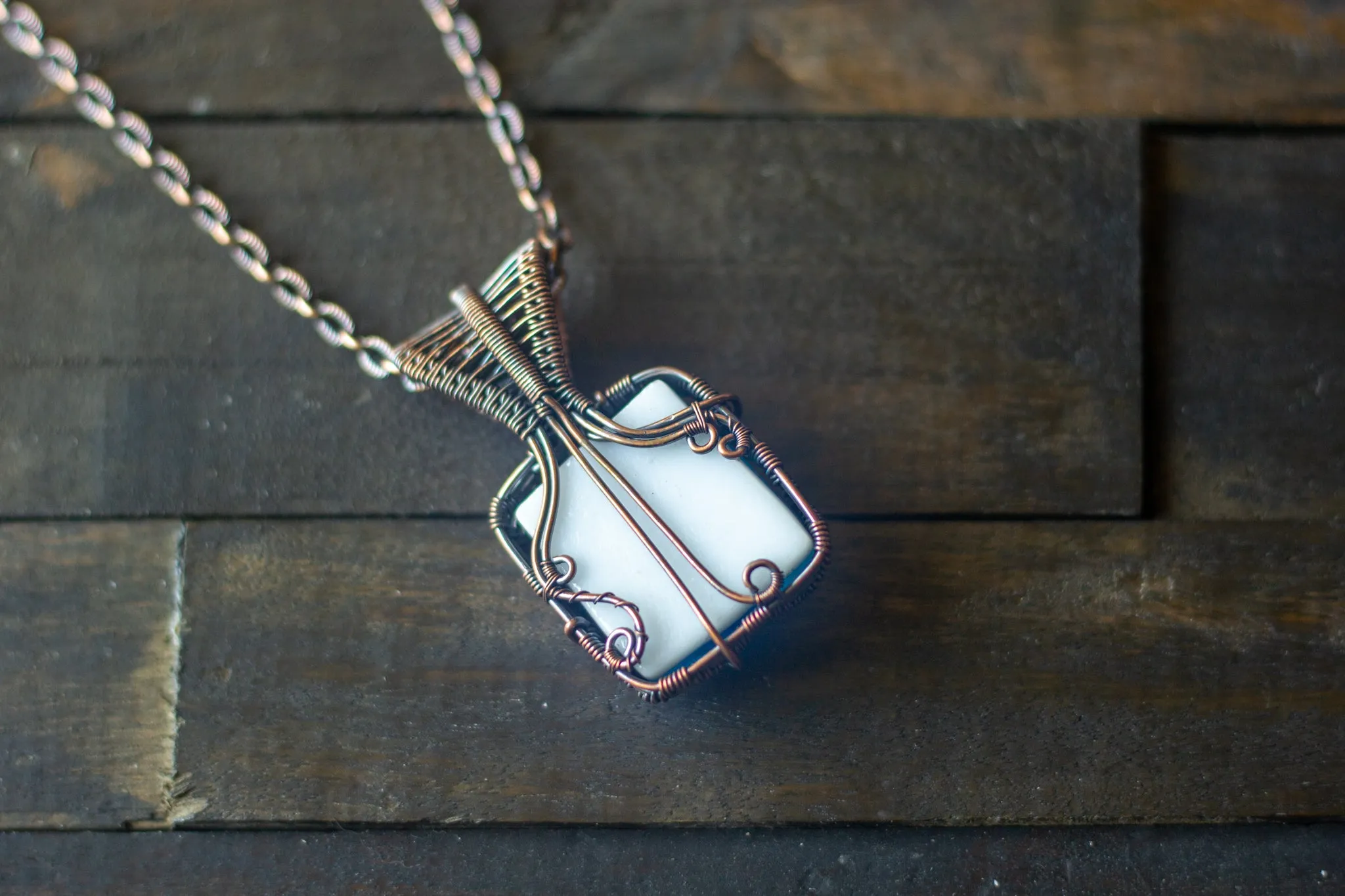 Blue and White Dichroic Fused Glass Pendant with Copper Wire Wrapping