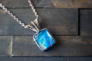 Blue and White Dichroic Fused Glass Pendant with Copper Wire Wrapping
