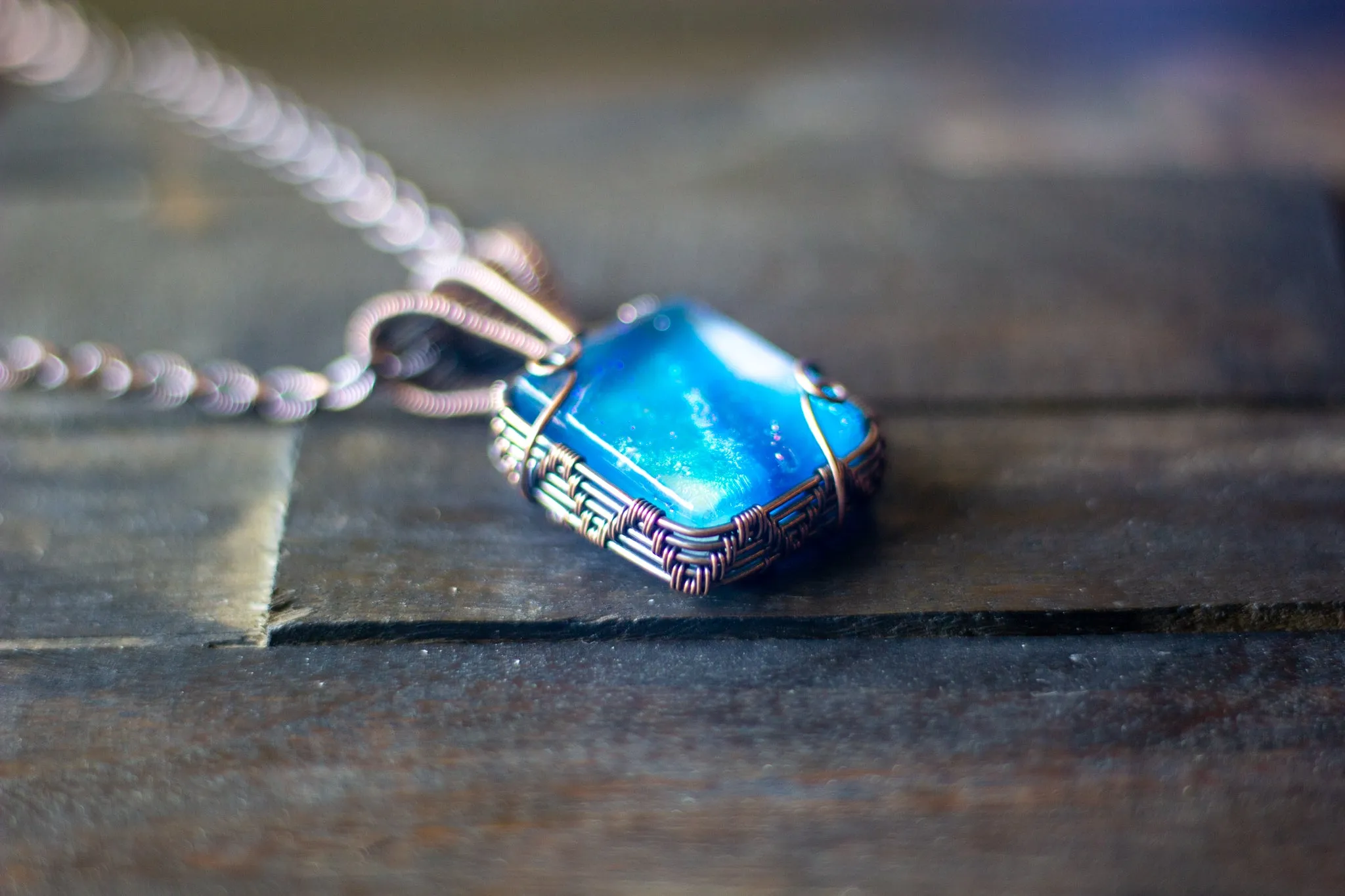 Blue and White Dichroic Fused Glass Pendant with Copper Wire Wrapping