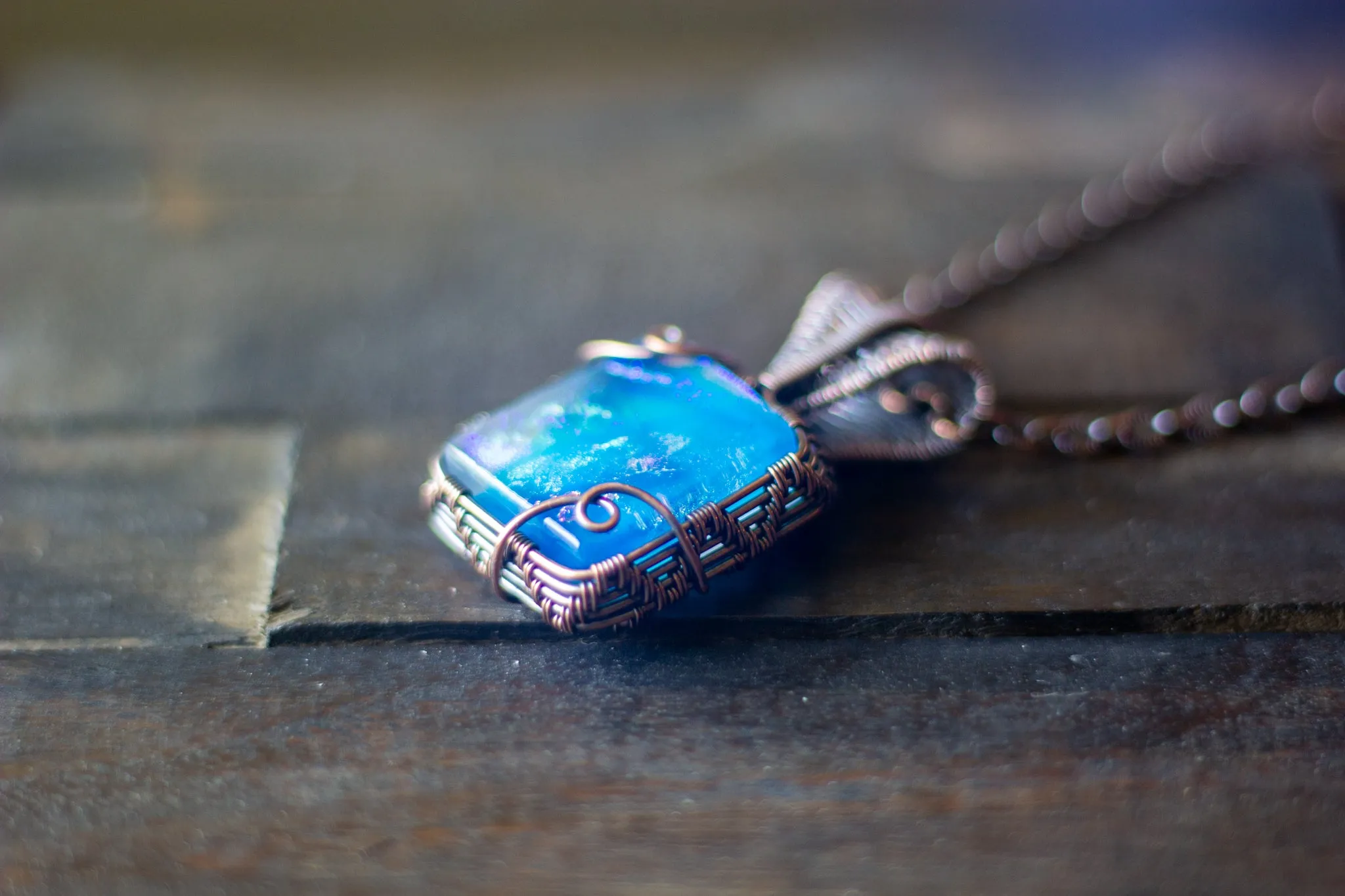 Blue and White Dichroic Fused Glass Pendant with Copper Wire Wrapping