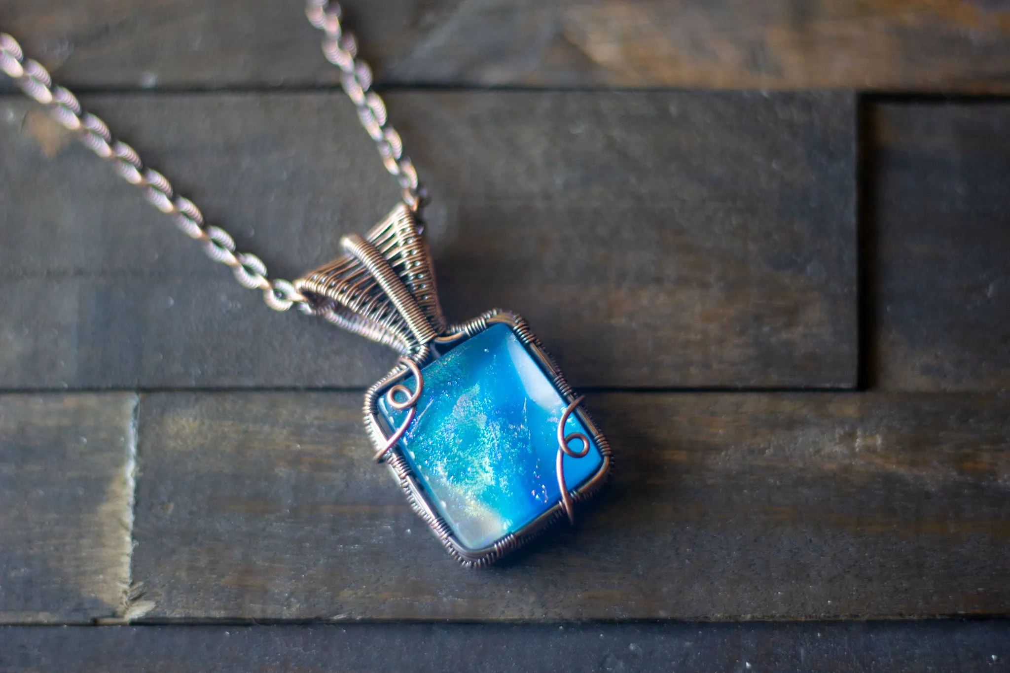 Blue and White Dichroic Fused Glass Pendant with Copper Wire Wrapping