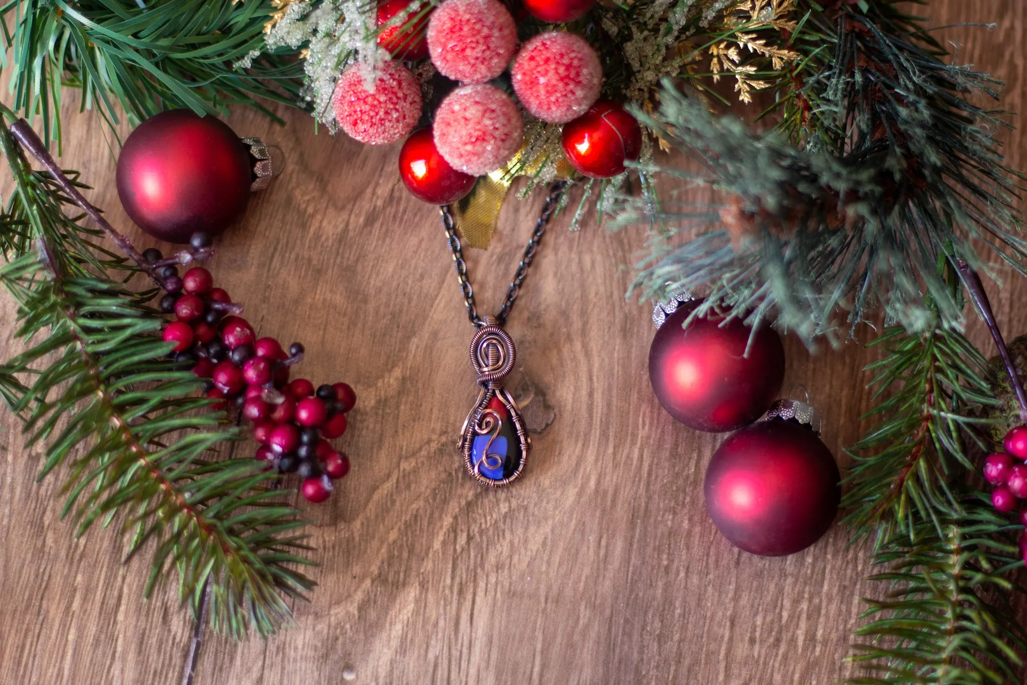 Blue, Red, and Black Fused Glass and Copper Wire Teardrop Pendant