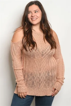 Blush Pink Cold Shoulder Plus Size Sweater