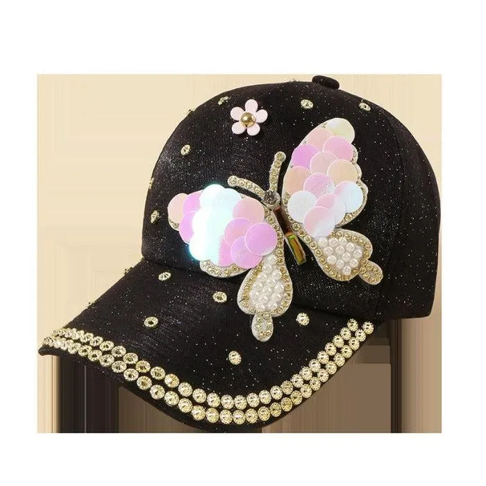 Butterfly Women's Hat Sequined Black Baseball Cap