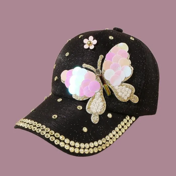 Butterfly Women's Hat Sequined Black Baseball Cap