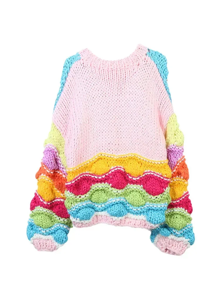 Casual V-neck Long Sleeved Colorful Knitted Sweater Cardigan Women's Elegant Contrast Loose Tops Female Holiday Club Clothing