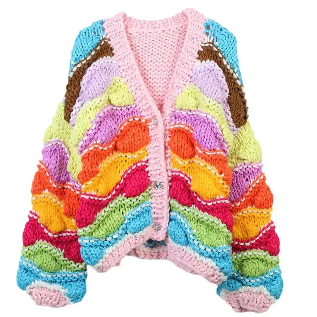 Casual V-neck Long Sleeved Colorful Knitted Sweater Cardigan Women's Elegant Contrast Loose Tops Female Holiday Club Clothing